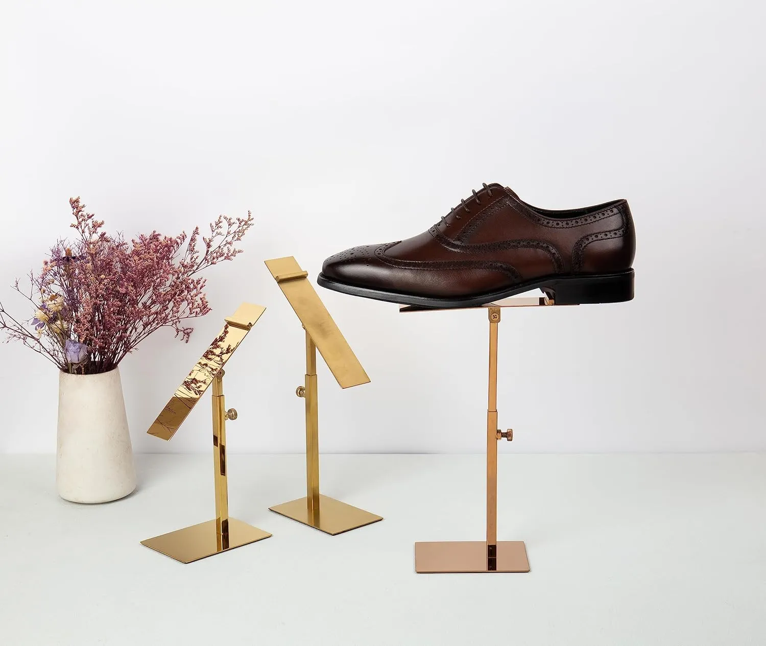 Shoe Display Stand 2 Pack Gold High Heel Shoe Riser Stainless Steel Sandals Display Stand Adjustable Height Stainless Steel Shoes Racks for Store Shopping Malls