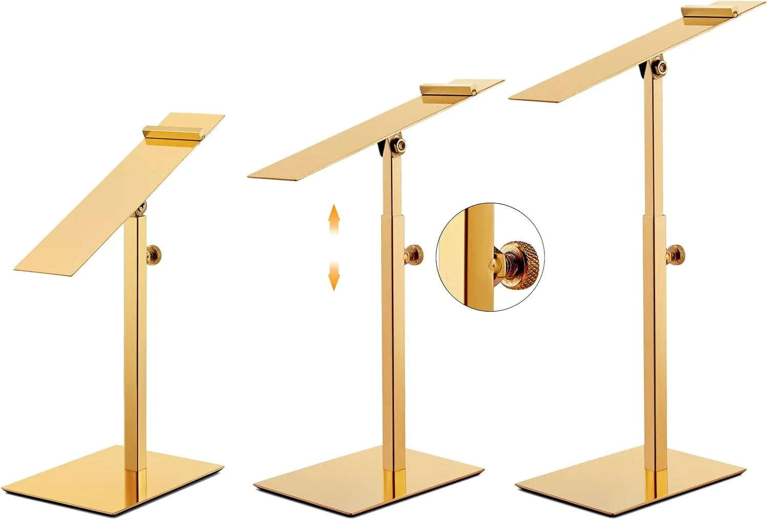 Shoe Display Stand 2 Pack Gold High Heel Shoe Riser Stainless Steel Sandals Display Stand Adjustable Height Stainless Steel Shoes Racks for Store Shopping Malls