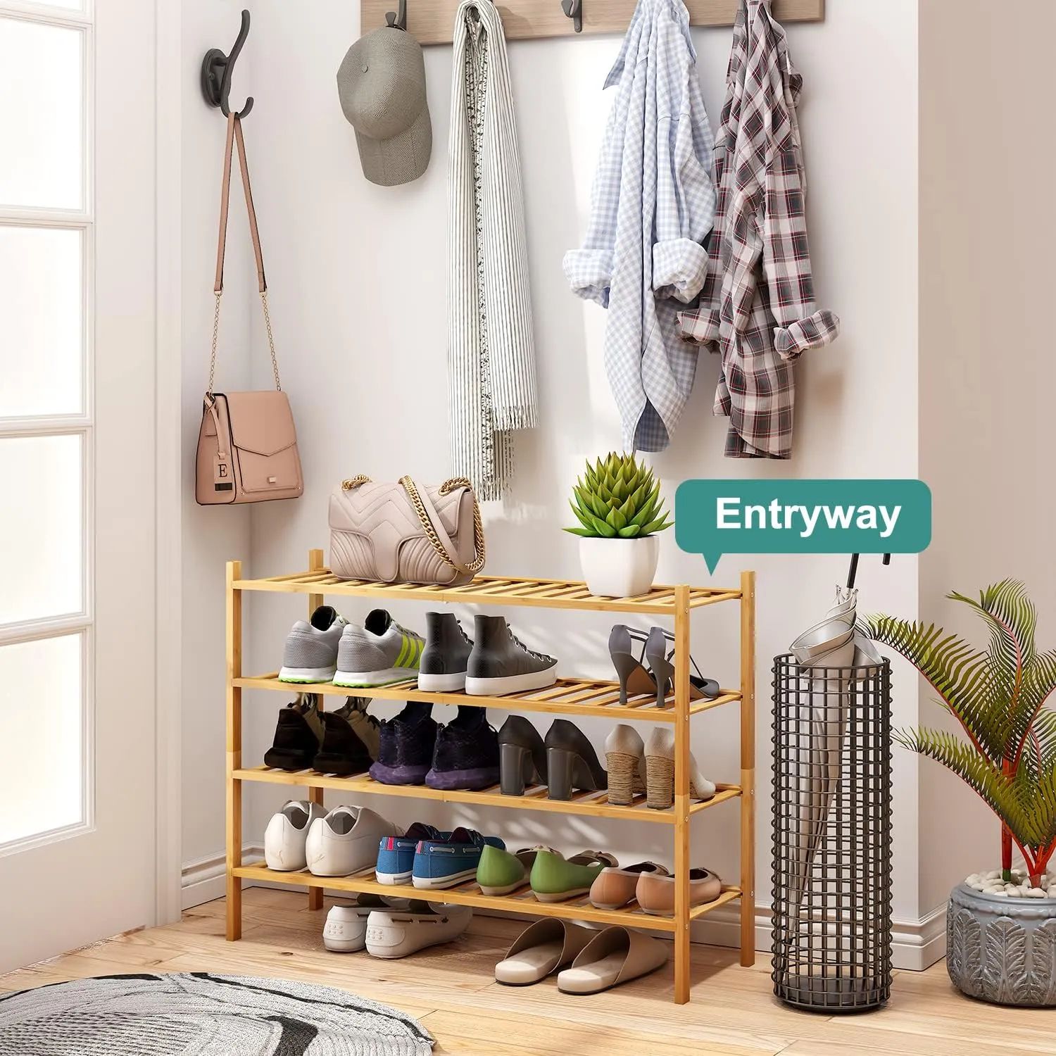 Shoe Rack, 4-Tier Long Shoe Rack for Entryway, Bamboo Wood Shoe Shelf for Closet & Hallway, Long 33IN | Beautiful | Functional | Sturdy | Durable