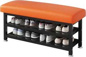 Shoe Rack Bench, 31.5"x12.2"x19.3" Upholstered Shoe Storage Bench, 2-Tier Shoe Organizer and Entryway Bench, Stylish Shoe Bench for Entryway, Bedroom, Orange