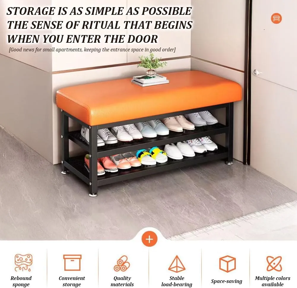Shoe Rack Bench, 31.5"x12.2"x19.3" Upholstered Shoe Storage Bench, 2-Tier Shoe Organizer and Entryway Bench, Stylish Shoe Bench for Entryway, Bedroom, Orange