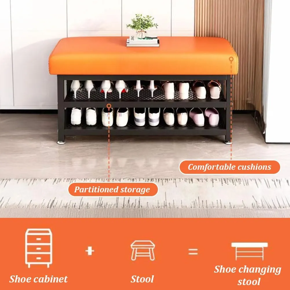 Shoe Rack Bench, 31.5"x12.2"x19.3" Upholstered Shoe Storage Bench, 2-Tier Shoe Organizer and Entryway Bench, Stylish Shoe Bench for Entryway, Bedroom, Orange