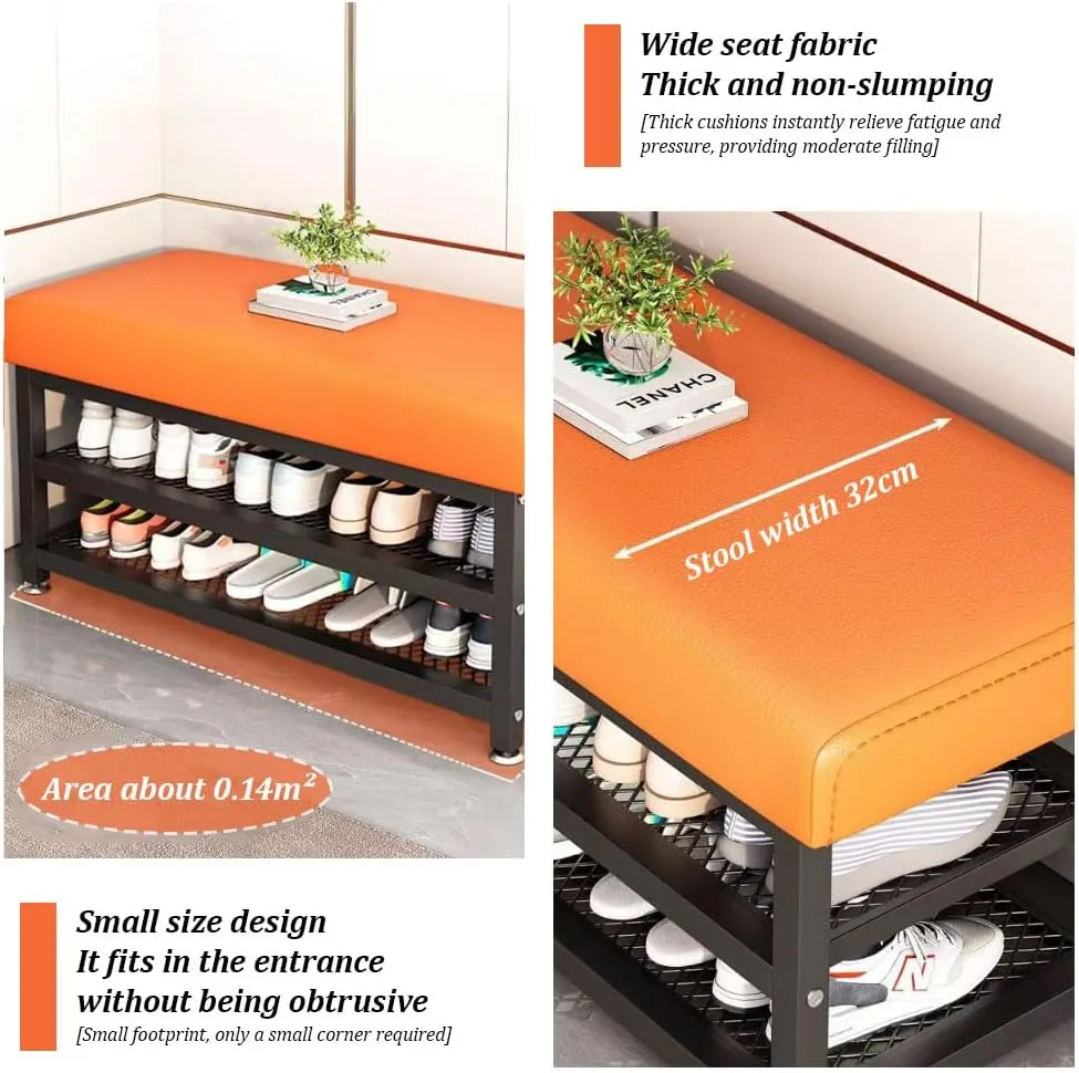 Shoe Rack Bench, 31.5"x12.2"x19.3" Upholstered Shoe Storage Bench, 2-Tier Shoe Organizer and Entryway Bench, Stylish Shoe Bench for Entryway, Bedroom, Orange