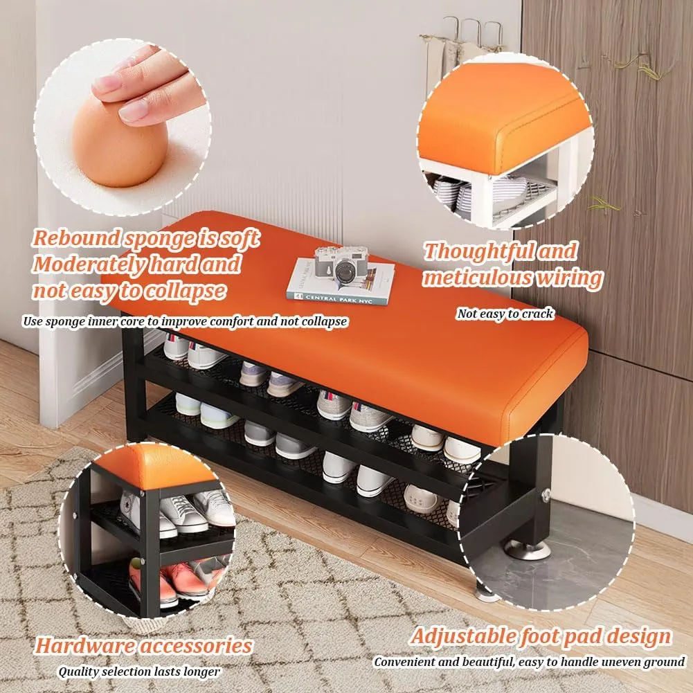 Shoe Rack Bench, 31.5"x12.2"x19.3" Upholstered Shoe Storage Bench, 2-Tier Shoe Organizer and Entryway Bench, Stylish Shoe Bench for Entryway, Bedroom, Orange