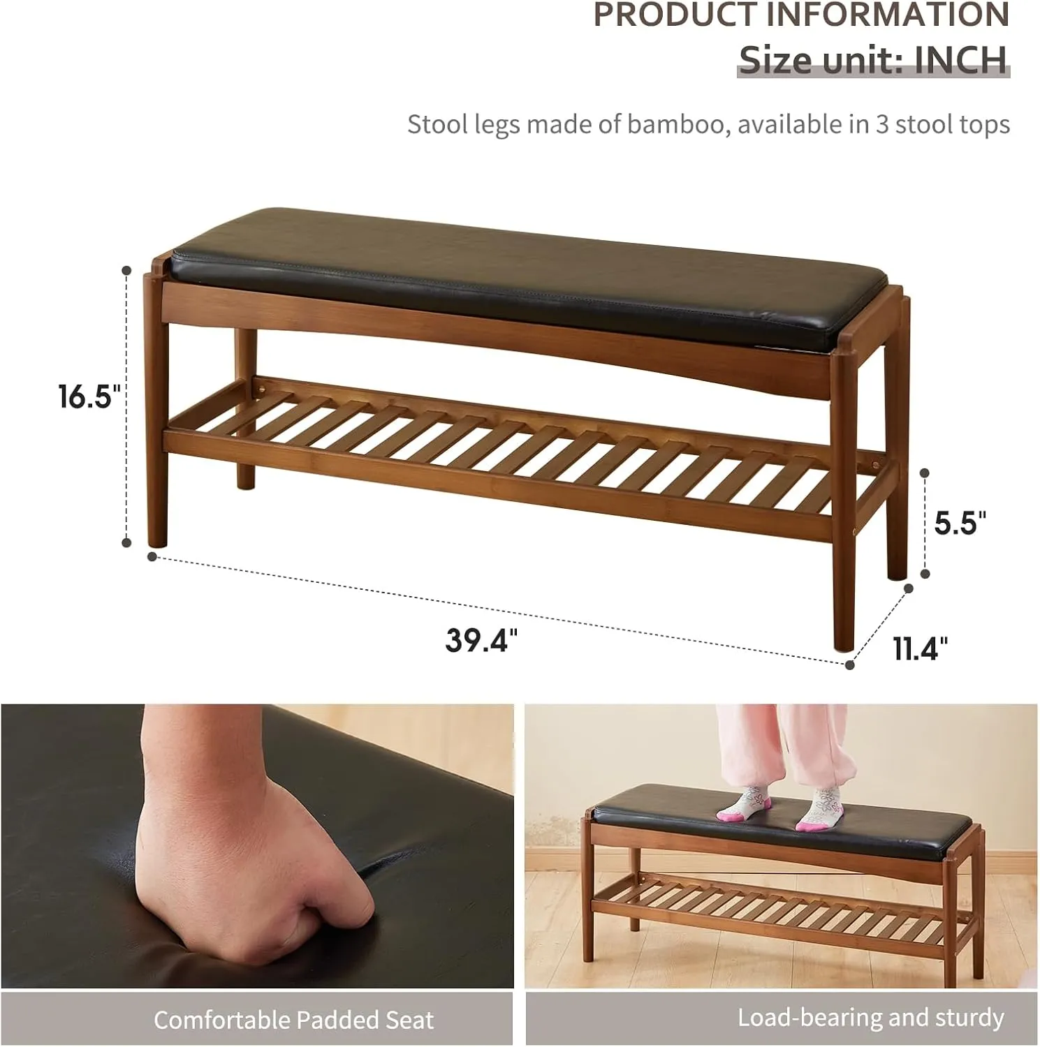 Shoe Rack Bench Entryway Bamboo Shoe Storage Bench with Leather Cushion 2 Tiers Shoe Rack Entryway Bench for Hallway, Living Room,Bedroom(Black Bench top Brown Frame)
