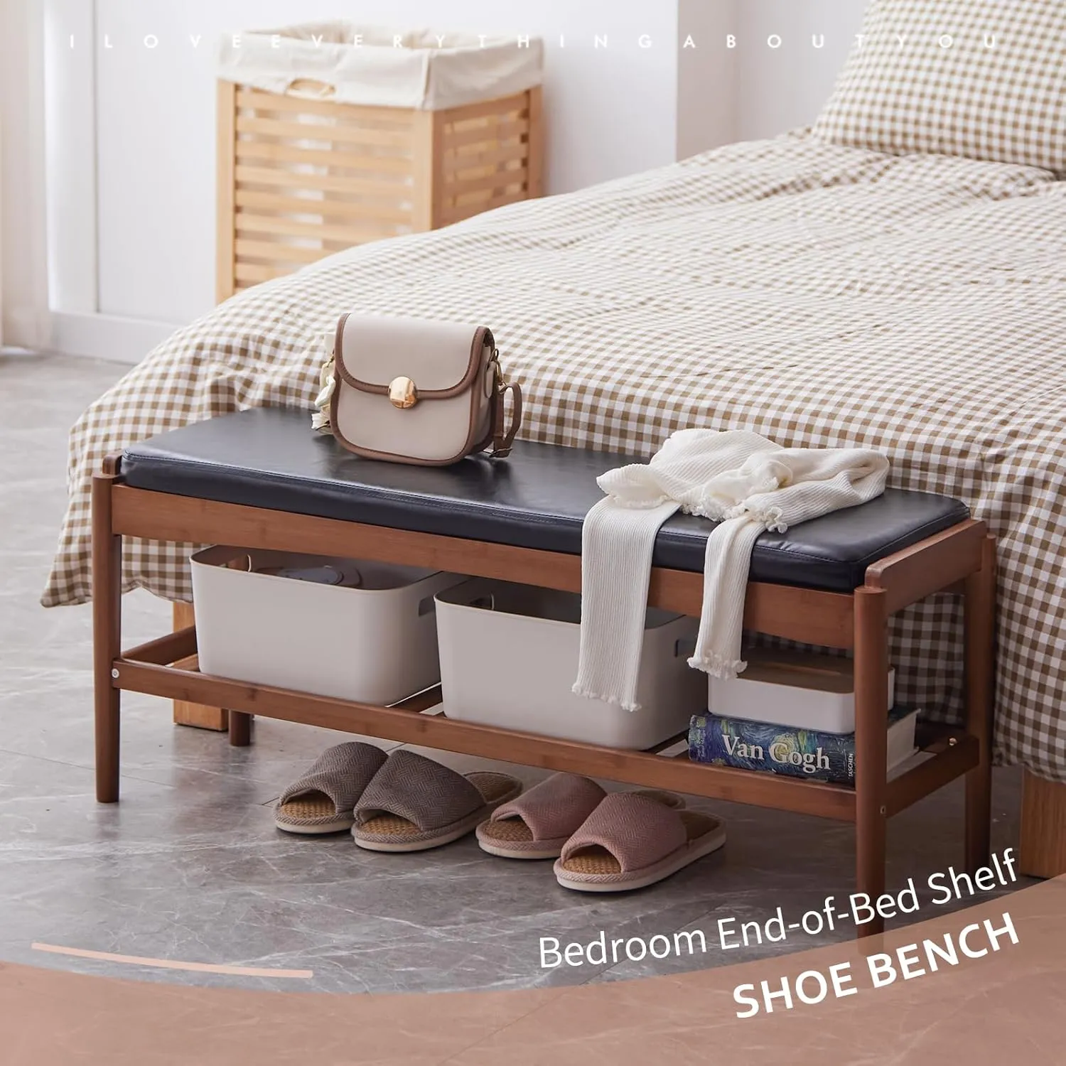 Shoe Rack Bench Entryway Bamboo Shoe Storage Bench with Leather Cushion 2 Tiers Shoe Rack Entryway Bench for Hallway, Living Room,Bedroom(Black Bench top Brown Frame)