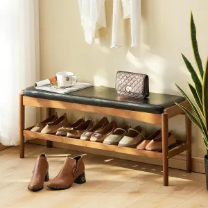 Shoe Rack Bench Entryway Bamboo Shoe Storage Bench with Leather Cushion 2 Tiers Shoe Rack Entryway Bench for Hallway, Living Room,Bedroom(Black Bench top Brown Frame)