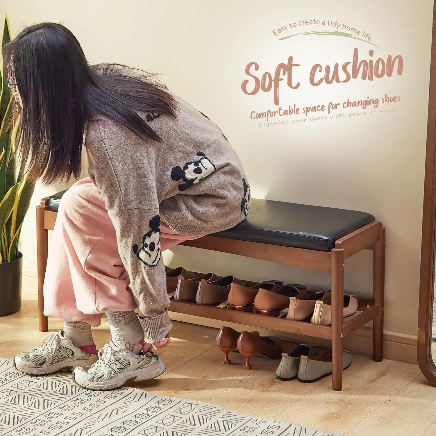 Shoe Rack Bench Entryway Bamboo Shoe Storage Bench with Leather Cushion 2 Tiers Shoe Rack Entryway Bench for Hallway, Living Room,Bedroom(Black Bench top Brown Frame)