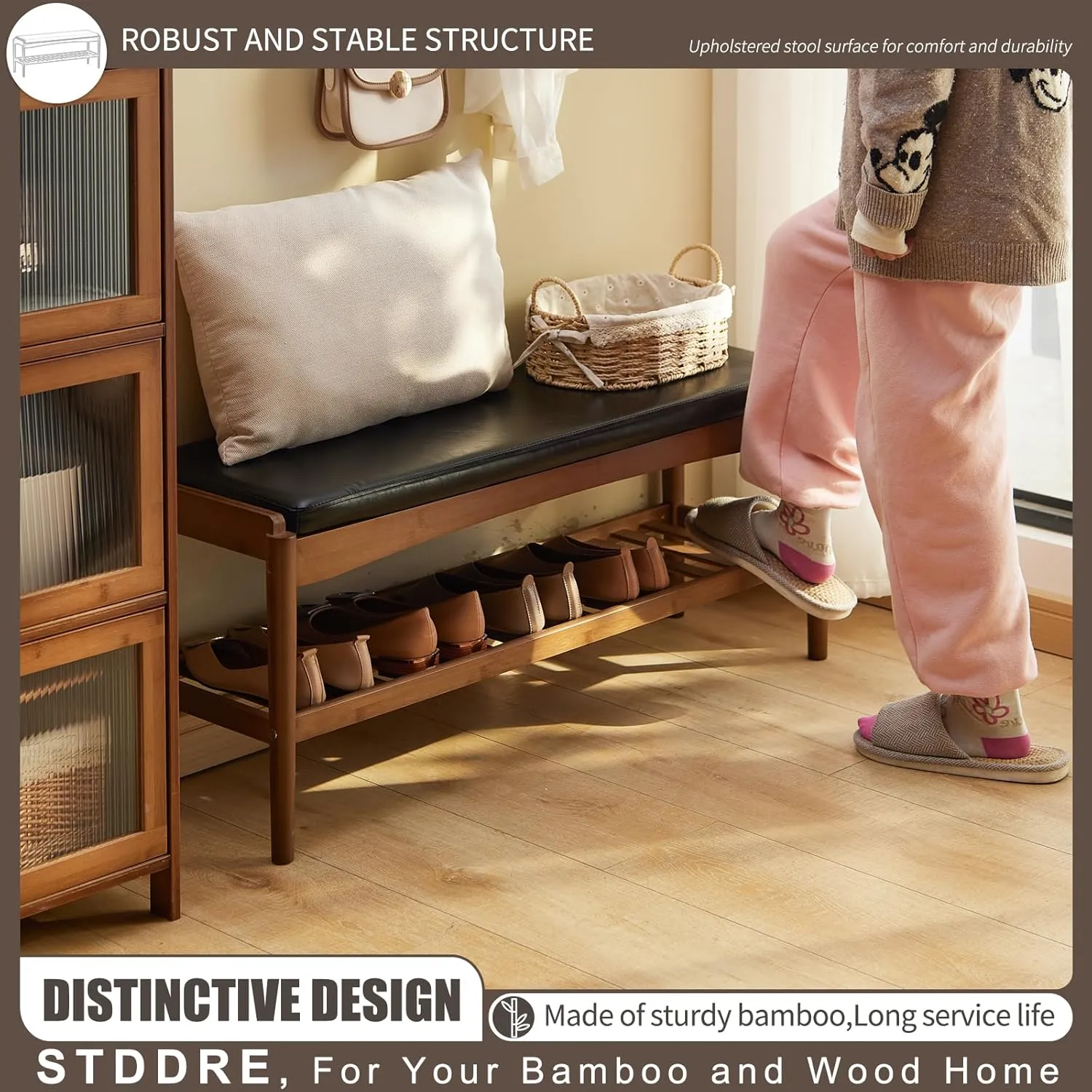 Shoe Rack Bench Entryway Bamboo Shoe Storage Bench with Leather Cushion 2 Tiers Shoe Rack Entryway Bench for Hallway, Living Room,Bedroom(Black Bench top Brown Frame)
