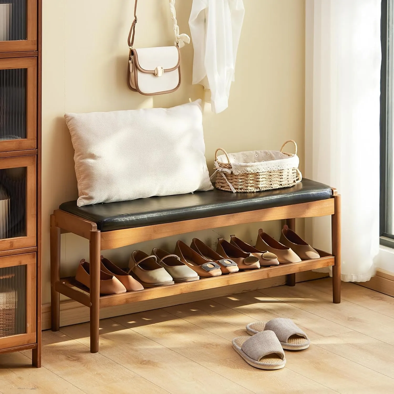 Shoe Rack Bench Entryway Bamboo Shoe Storage Bench with Leather Cushion 2 Tiers Shoe Rack Entryway Bench for Hallway, Living Room,Bedroom(Black Bench top Brown Frame)