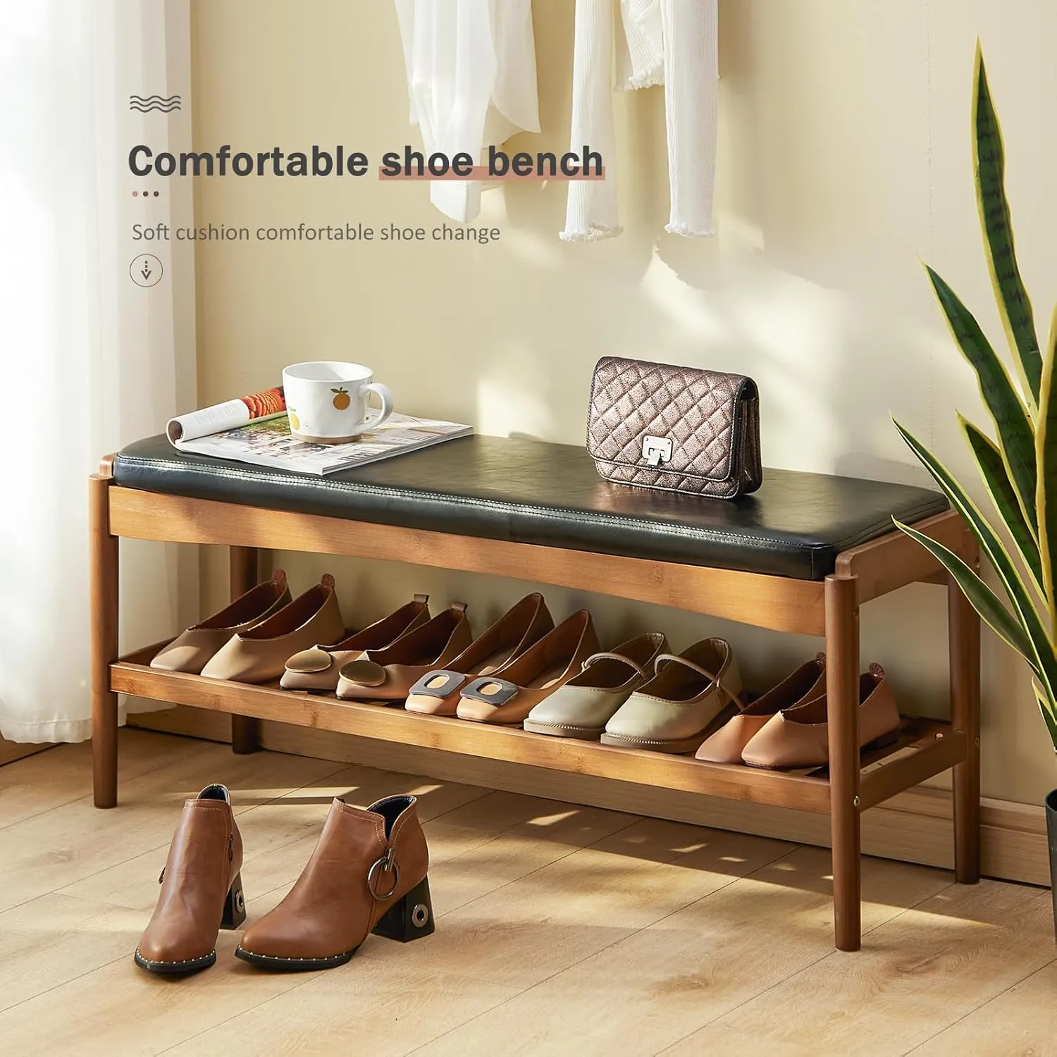 Shoe Rack Bench Entryway Bamboo Shoe Storage Bench with Leather Cushion 2 Tiers Shoe Rack Entryway Bench for Hallway, Living Room,Bedroom(Black Bench top Brown Frame)