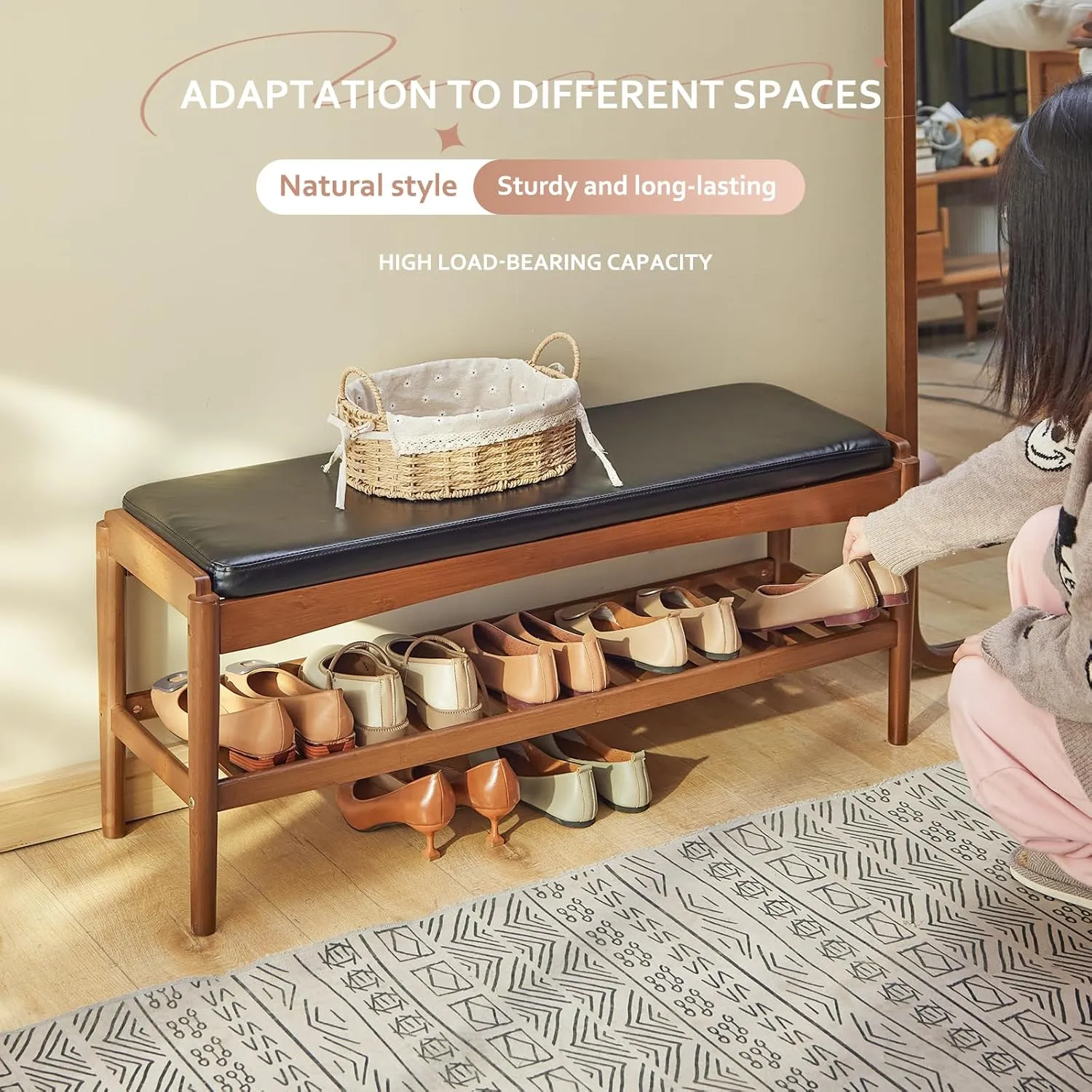 Shoe Rack Bench Entryway Bamboo Shoe Storage Bench with Leather Cushion 2 Tiers Shoe Rack Entryway Bench for Hallway, Living Room,Bedroom(Black Bench top Brown Frame)