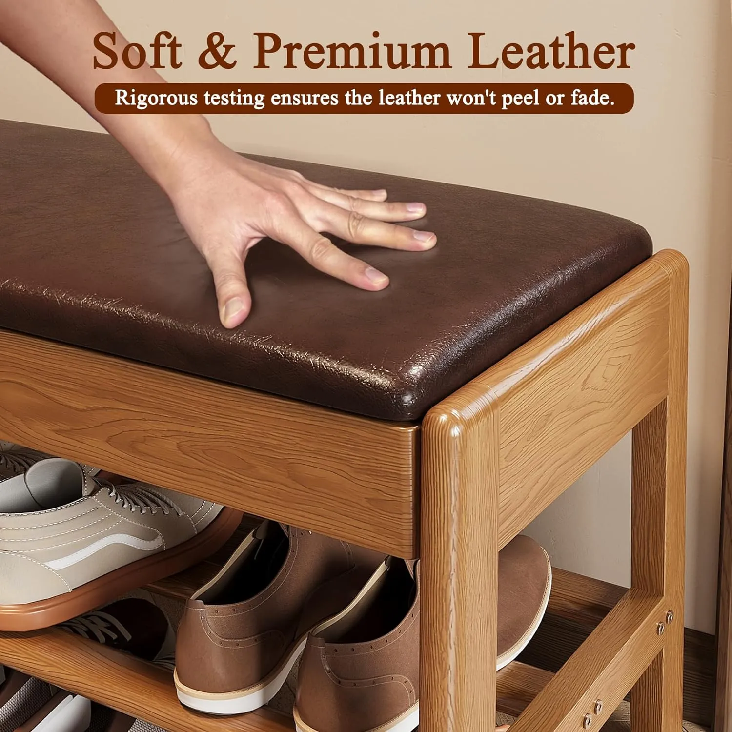 Shoe Rack Bench Seat Rubberwood 2-Tier Wooden Storage Bench 550lbs Compact Mid-Century Modern Design for Entryway, Hallway, Closet, Front Door Entrance, Foyer