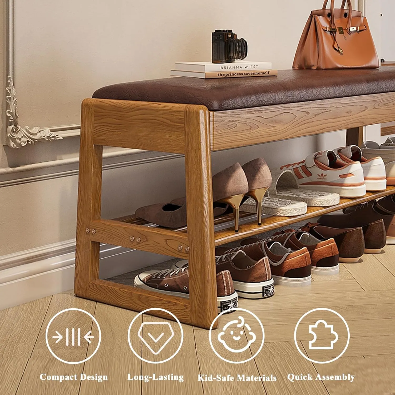 Shoe Rack Bench Seat Rubberwood 2-Tier Wooden Storage Bench 550lbs Compact Mid-Century Modern Design for Entryway, Hallway, Closet, Front Door Entrance, Foyer