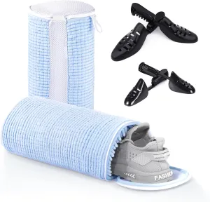 Shoe Washing Machine Bags, 2024 New Reusable Laundry Bag for Washer and Dryer, Durable Fluffy Fiber Keep Clean, 2 Pairs Adjustable Trees for All Shoes, Blue