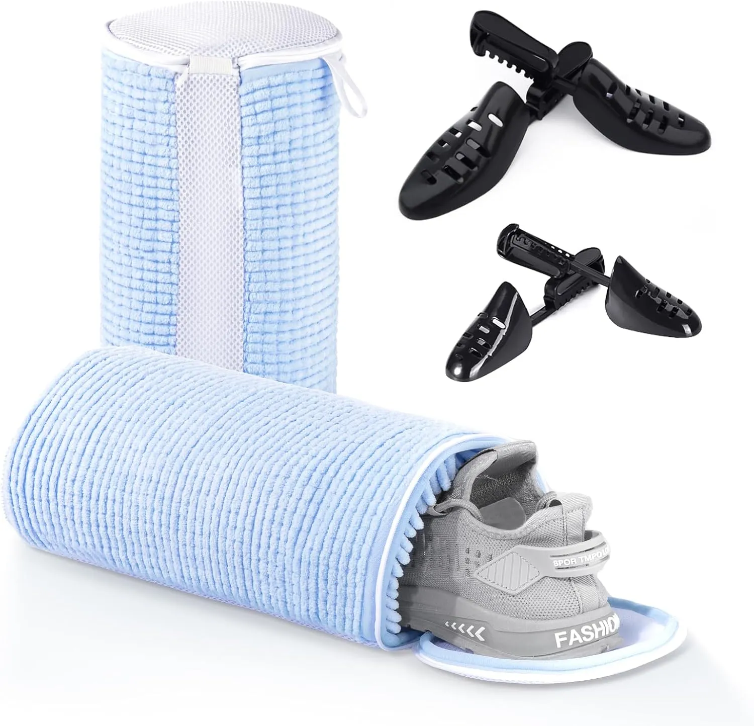 Shoe Washing Machine Bags, 2024 New Reusable Laundry Bag for Washer and Dryer, Durable Fluffy Fiber Keep Clean, 2 Pairs Adjustable Trees for All Shoes, Blue