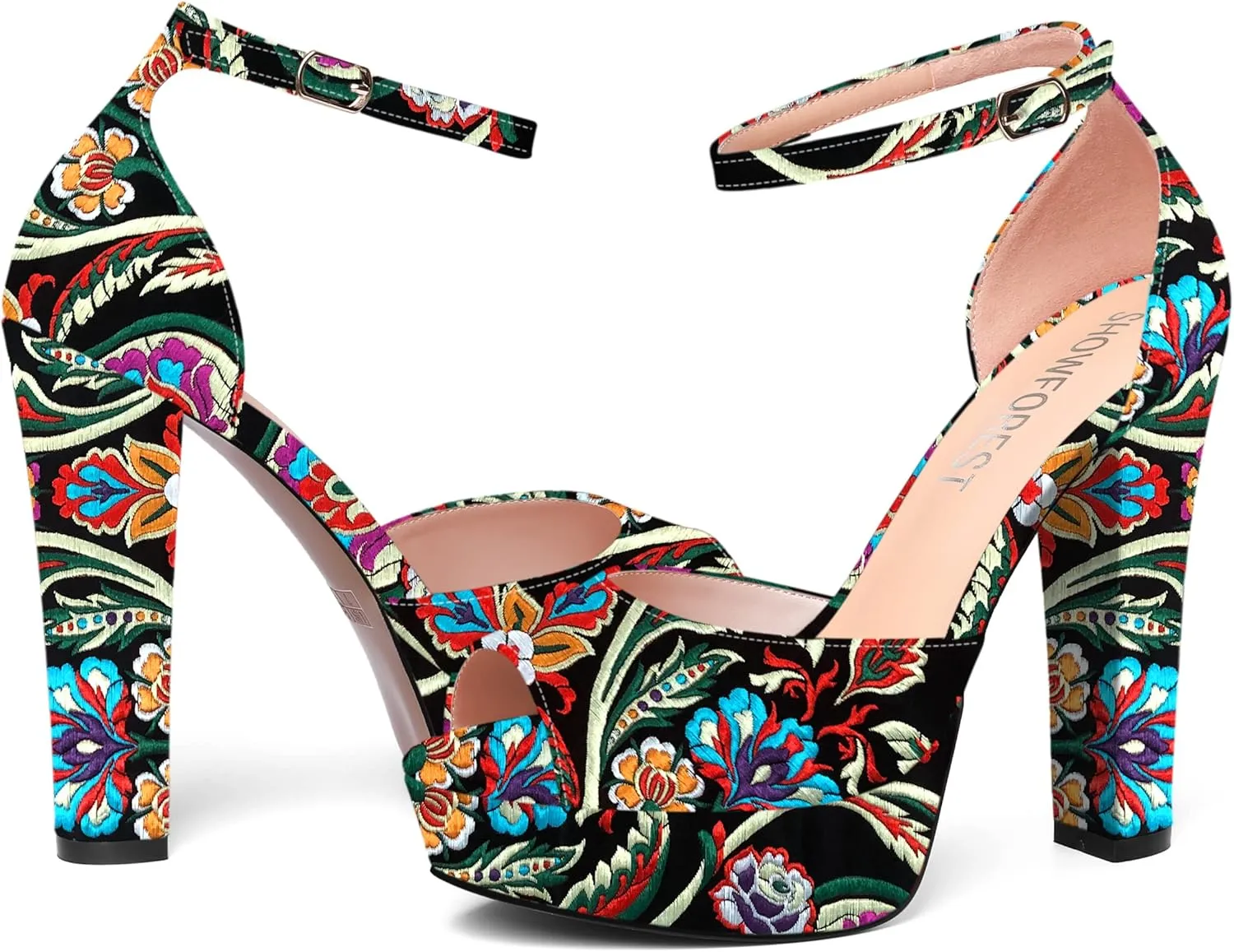 SHOWFOREST Womens Platform Patent Ankle Strap Sexy Buckle Peep Toe Night Club Block High Heel Pumps Shoes 5 Inch