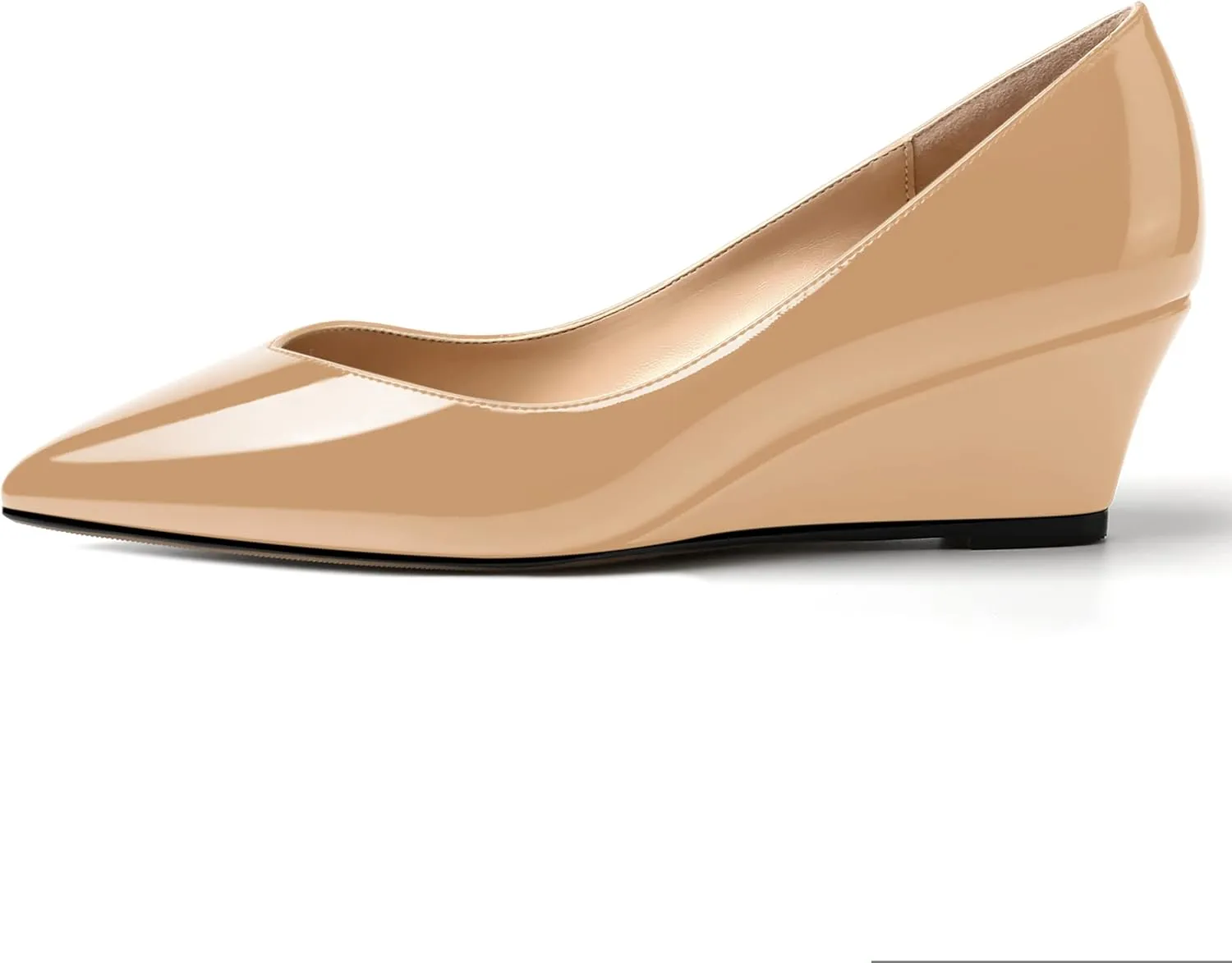 SHOWFOREST Women's Slip On Dating Patent Solid Pointed Toe Sexy Wedge Low Heel Pumps Shoes 2 Inch