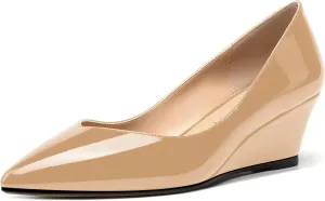 SHOWFOREST Women's Slip On Dating Patent Solid Pointed Toe Sexy Wedge Low Heel Pumps Shoes 2 Inch