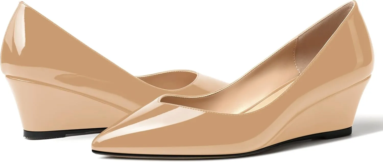SHOWFOREST Women's Slip On Dating Patent Solid Pointed Toe Sexy Wedge Low Heel Pumps Shoes 2 Inch