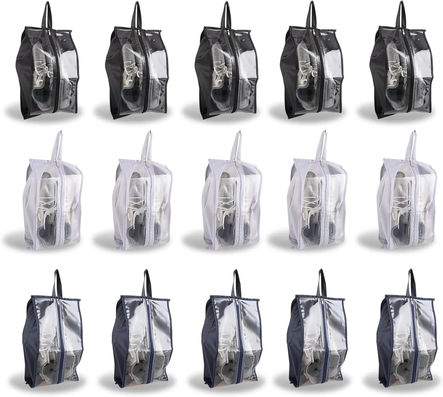 SHUESS 15 Pack Washable Shoe Bags for Travel with Zipper, 3 Colors, Waterproof Shoe Bags for Women & Men, Translucent Protable Shoe Organizer Bag with Handle Travel Essentials