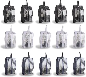 SHUESS 15 Pack Washable Shoe Bags for Travel with Zipper, 3 Colors, Waterproof Shoe Bags for Women & Men, Translucent Protable Shoe Organizer Bag with Handle Travel Essentials