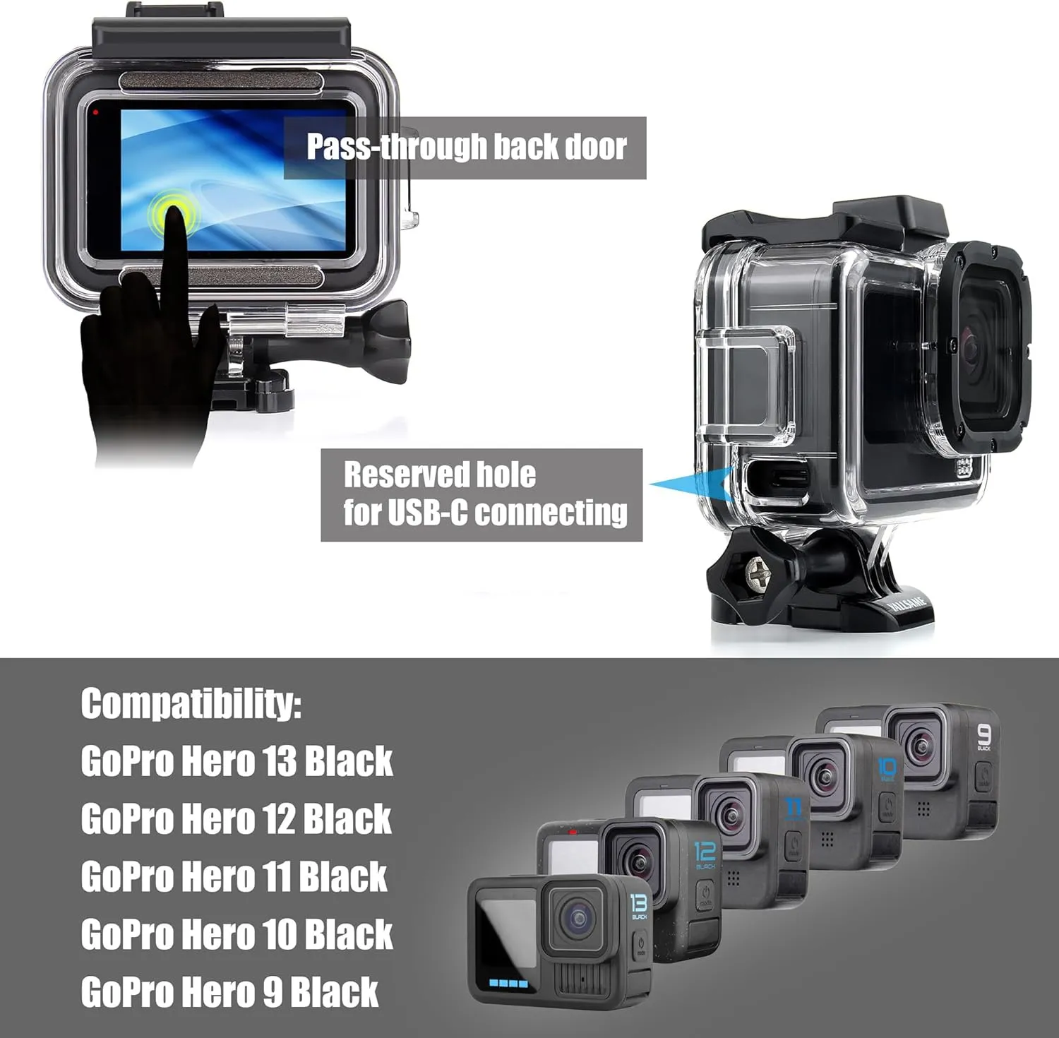 Skeleton Case Side Open Housing for GoPro Hero 13 12 11 10 9 Black with Metal Battery Cover Side Door Replacement Easy Charging Protective Accessories Kit for GoPro 9 10 11 12 13 Black