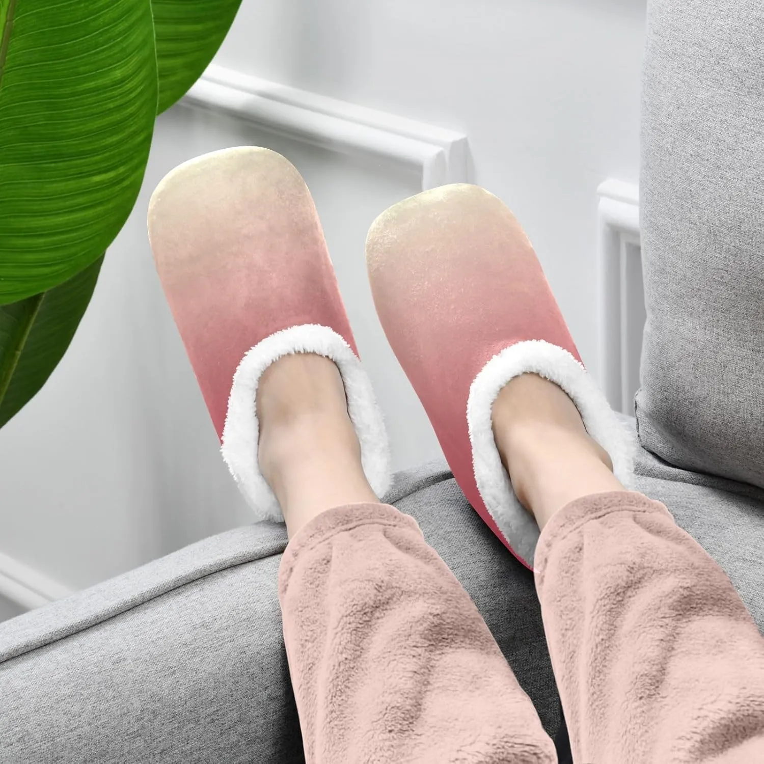 Sky Blue Red Gradient House Slippers Non-Slip Soft Winter Slippers for Guest Bedroom