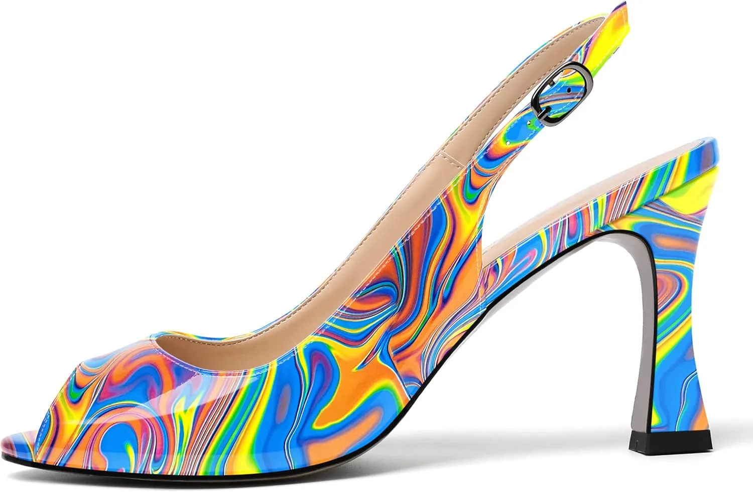 SKYSTERRY Womens Buckle Solid Wedding Peep Toe Patent Cute Slingback Spool High Heel Pumps Shoes 3.3 Inch