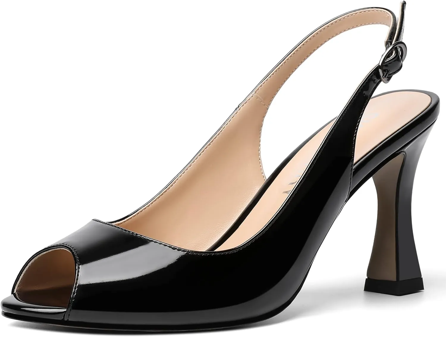 SKYSTERRY Womens Buckle Solid Wedding Peep Toe Patent Cute Slingback Spool High Heel Pumps Shoes 3.3 Inch