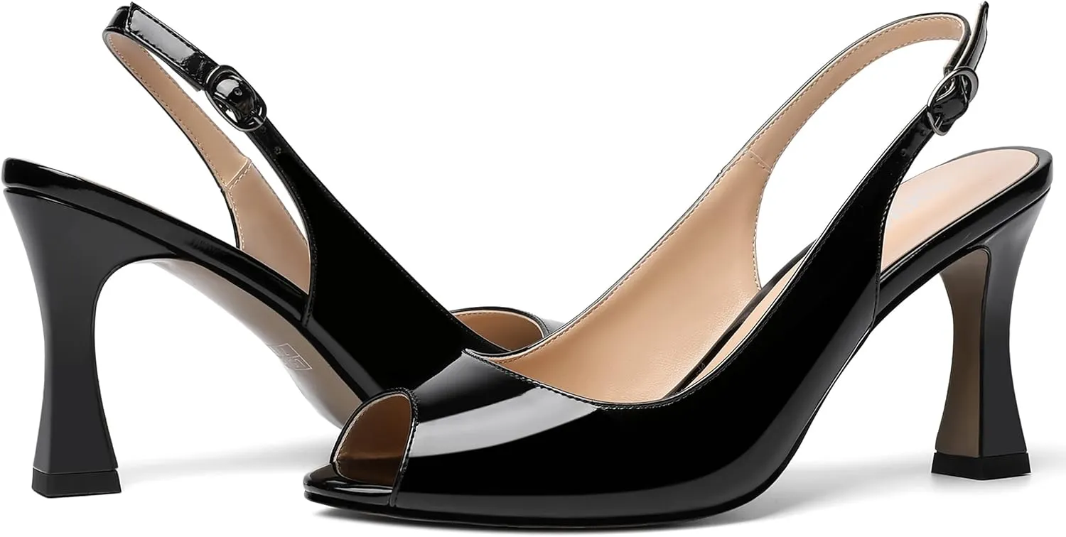 SKYSTERRY Womens Buckle Solid Wedding Peep Toe Patent Cute Slingback Spool High Heel Pumps Shoes 3.3 Inch