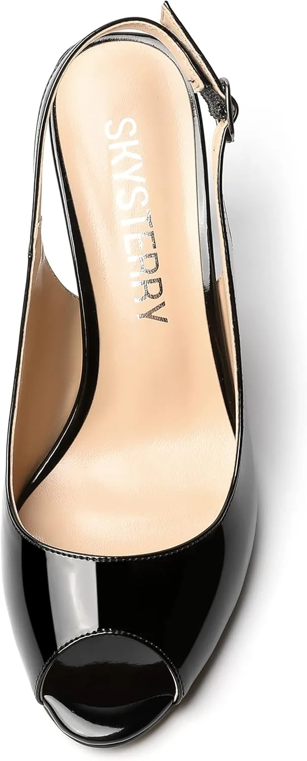 SKYSTERRY Womens Buckle Solid Wedding Peep Toe Patent Cute Slingback Spool High Heel Pumps Shoes 3.3 Inch