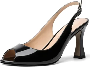 SKYSTERRY Womens Buckle Solid Wedding Peep Toe Patent Cute Slingback Spool High Heel Pumps Shoes 3.3 Inch