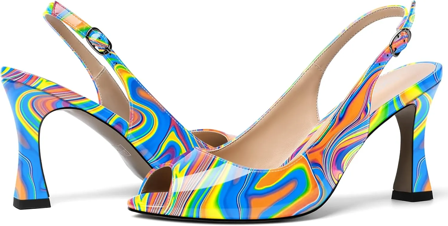 SKYSTERRY Womens Buckle Solid Wedding Peep Toe Patent Cute Slingback Spool High Heel Pumps Shoes 3.3 Inch