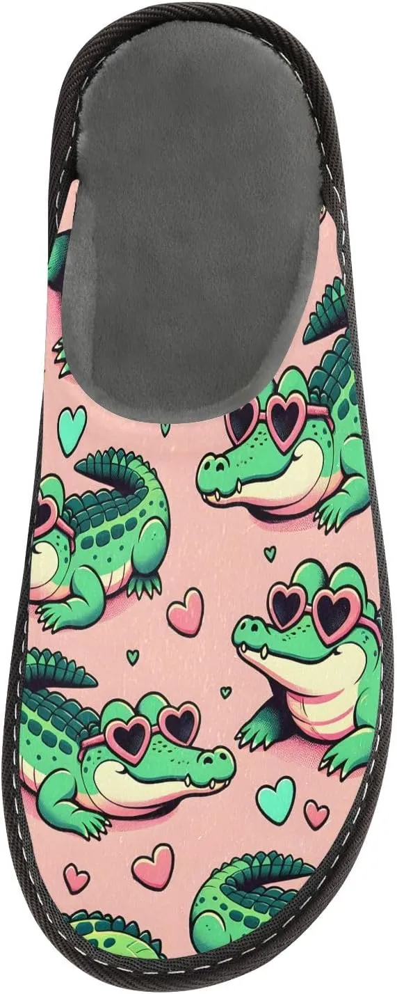 Slip-on Slippers Cute Cartoon Crocodiles Sunbathing with Heart Glasses Warm Cozy Slippers Lightweight Memory Foam Indoor House Shoes