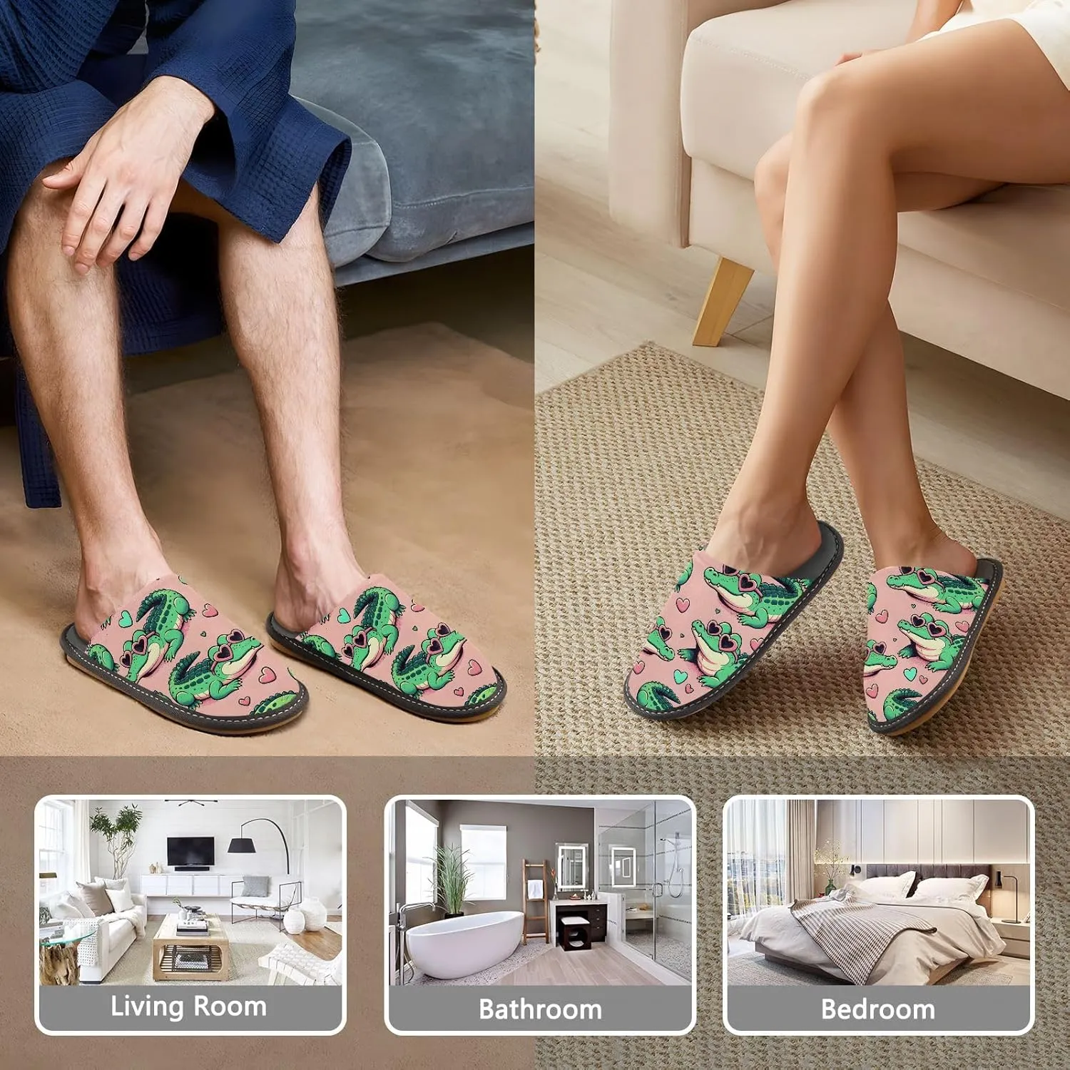 Slip-on Slippers Cute Cartoon Crocodiles Sunbathing with Heart Glasses Warm Cozy Slippers Lightweight Memory Foam Indoor House Shoes
