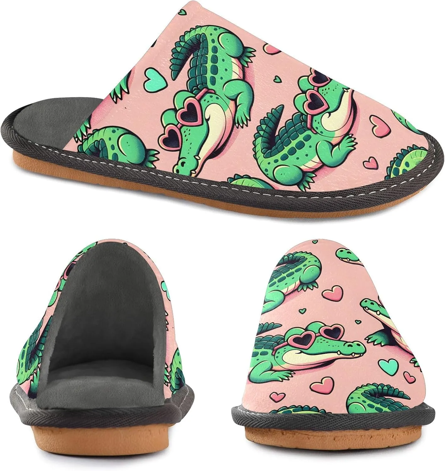 Slip-on Slippers Cute Cartoon Crocodiles Sunbathing with Heart Glasses Warm Cozy Slippers Lightweight Memory Foam Indoor House Shoes