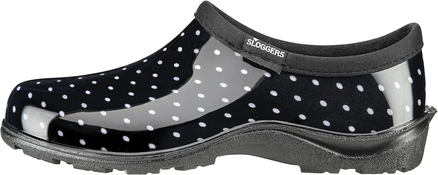 Sloggers Original Waterproof Rain and Garden Shoe for Women– Outdoor Slip-On Garden Clog - Made in The USA with Premium Comfort Insole and Arch Support - Polka Dot Print Black and White, Size 6