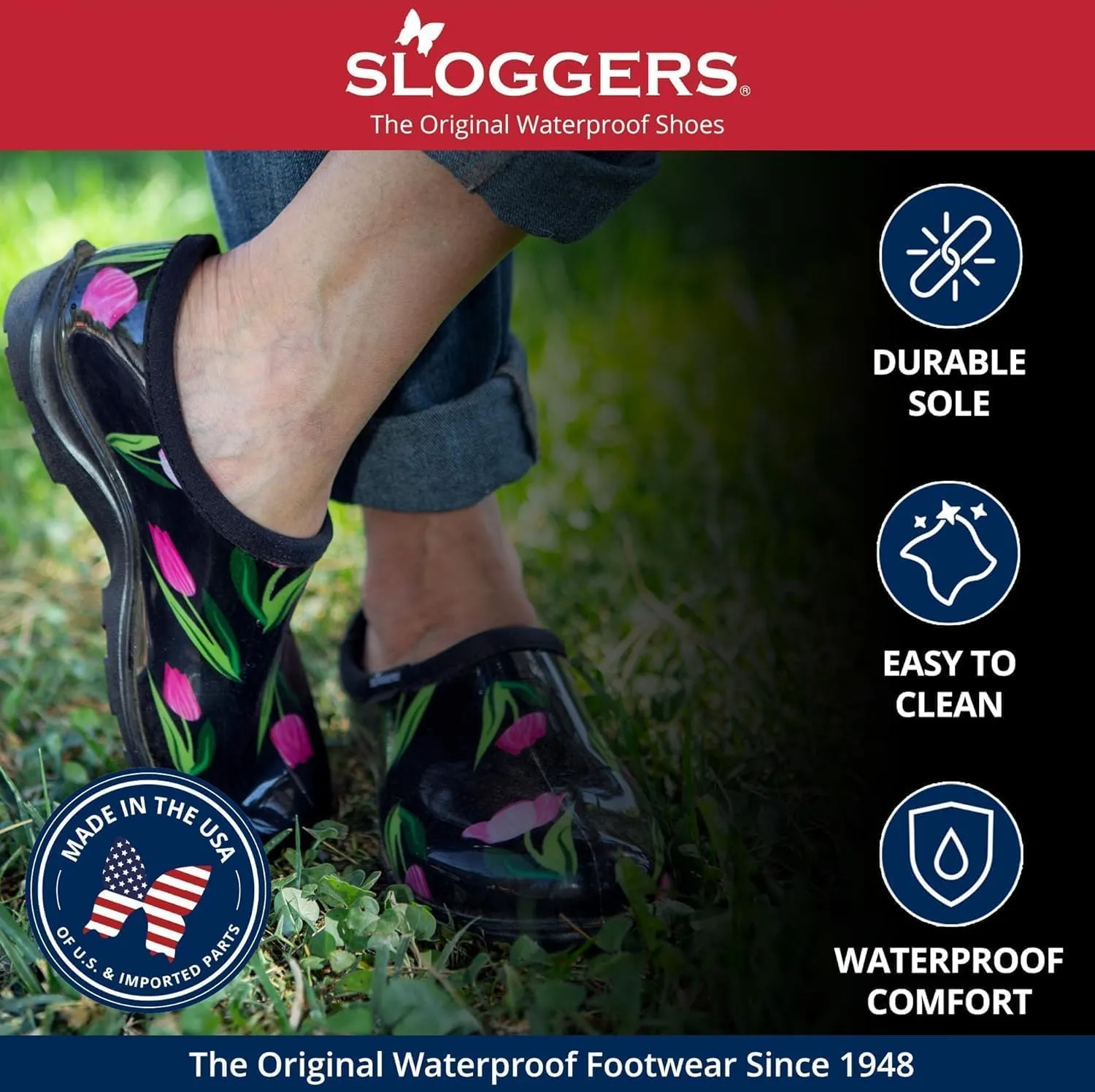 Sloggers Original Waterproof Rain and Garden Shoe for Women– Outdoor Slip-On Garden Clog - Made in The USA with Premium Comfort Insole and Arch Support - Polka Dot Print Black and White, Size 6