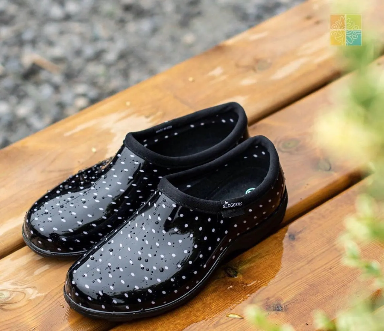 Sloggers Original Waterproof Rain and Garden Shoe for Women– Outdoor Slip-On Garden Clog - Made in The USA with Premium Comfort Insole and Arch Support - Polka Dot Print Black and White, Size 6
