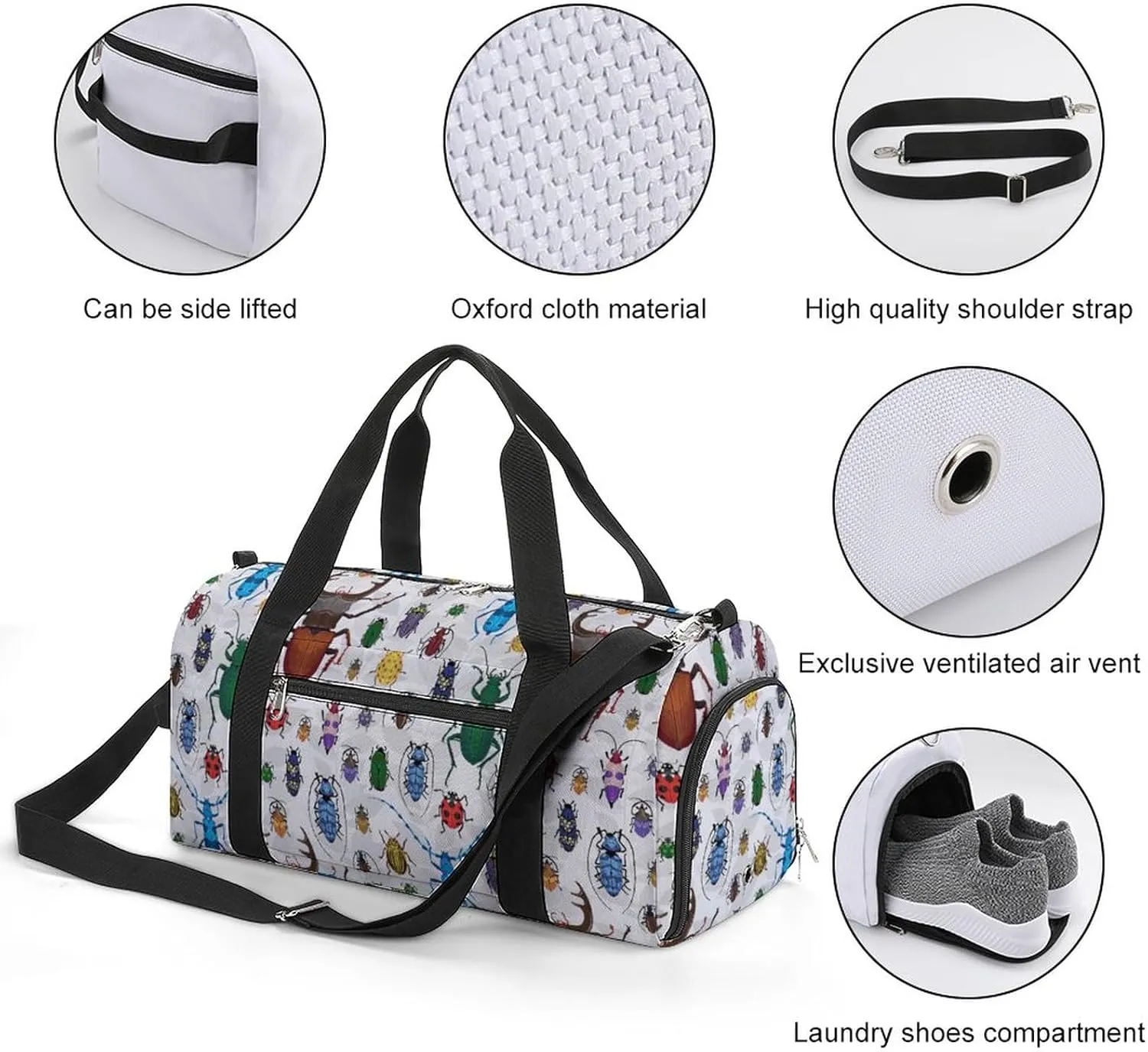 Small Beetles Print Sports Tote Gym Bag for Women Men, Overnight Bag with Shoe Compartment Water Resistant