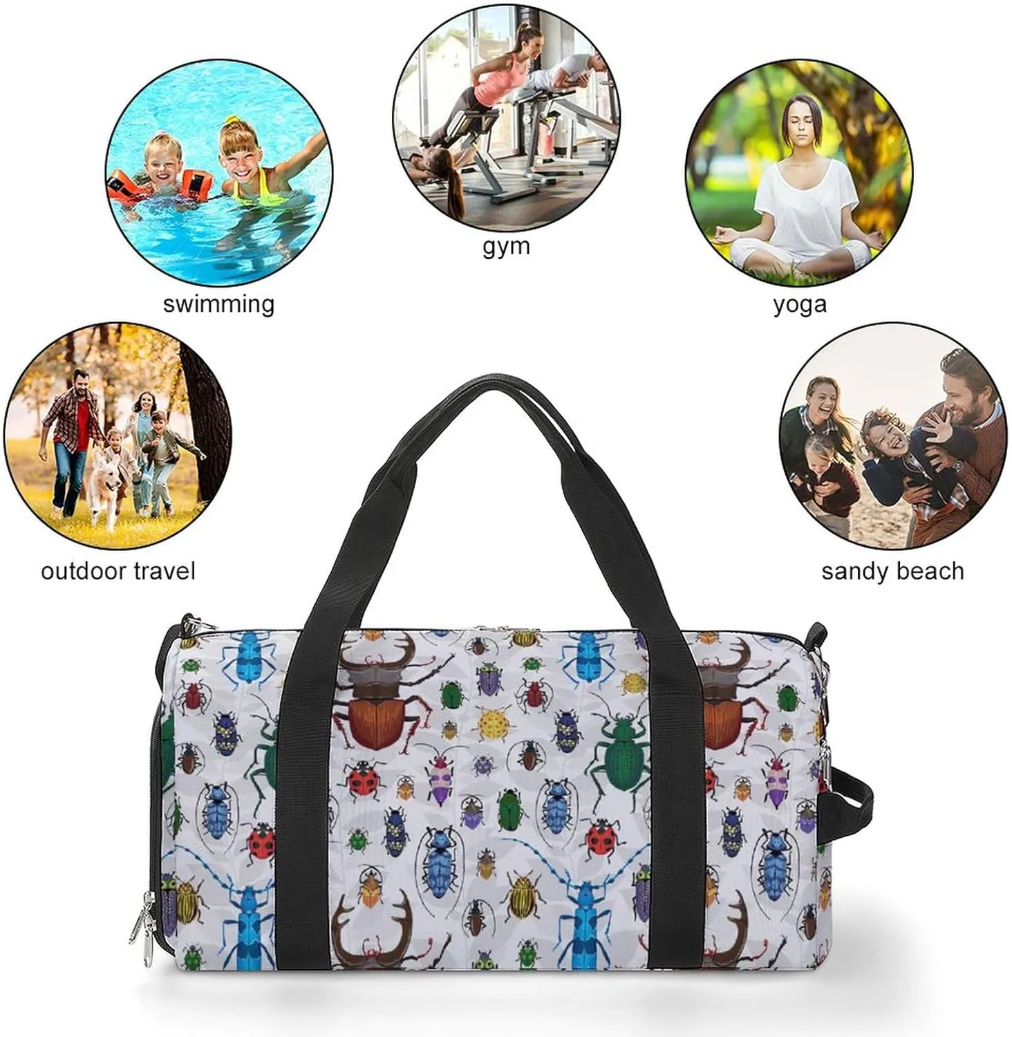 Small Beetles Print Sports Tote Gym Bag for Women Men, Overnight Bag with Shoe Compartment Water Resistant