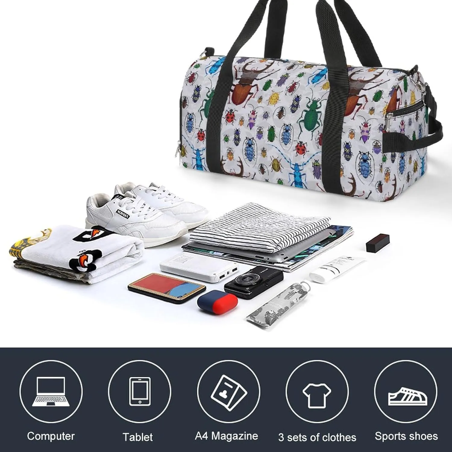 Small Beetles Print Sports Tote Gym Bag for Women Men, Overnight Bag with Shoe Compartment Water Resistant