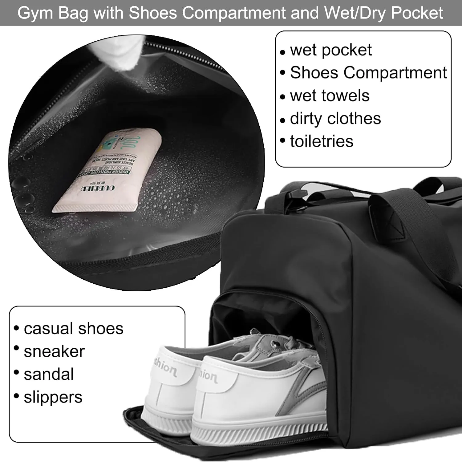 Small Gym Bag with Wet Pocket Shoes Compartment Weekender Overnight Bag Travel Duffle for Yoga Fitness Sports (Black)