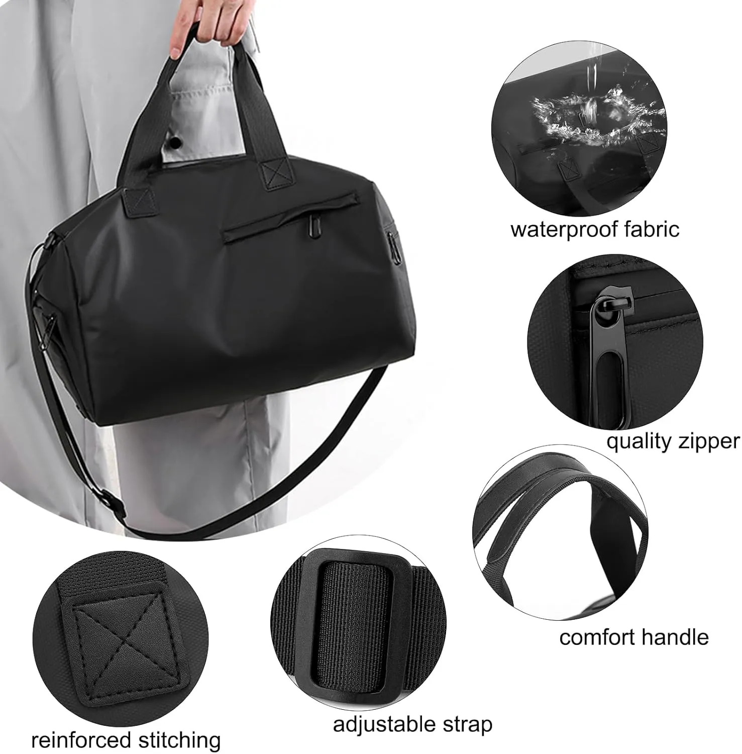 Small Gym Bag with Wet Pocket Shoes Compartment Weekender Overnight Bag Travel Duffle for Yoga Fitness Sports (Black)