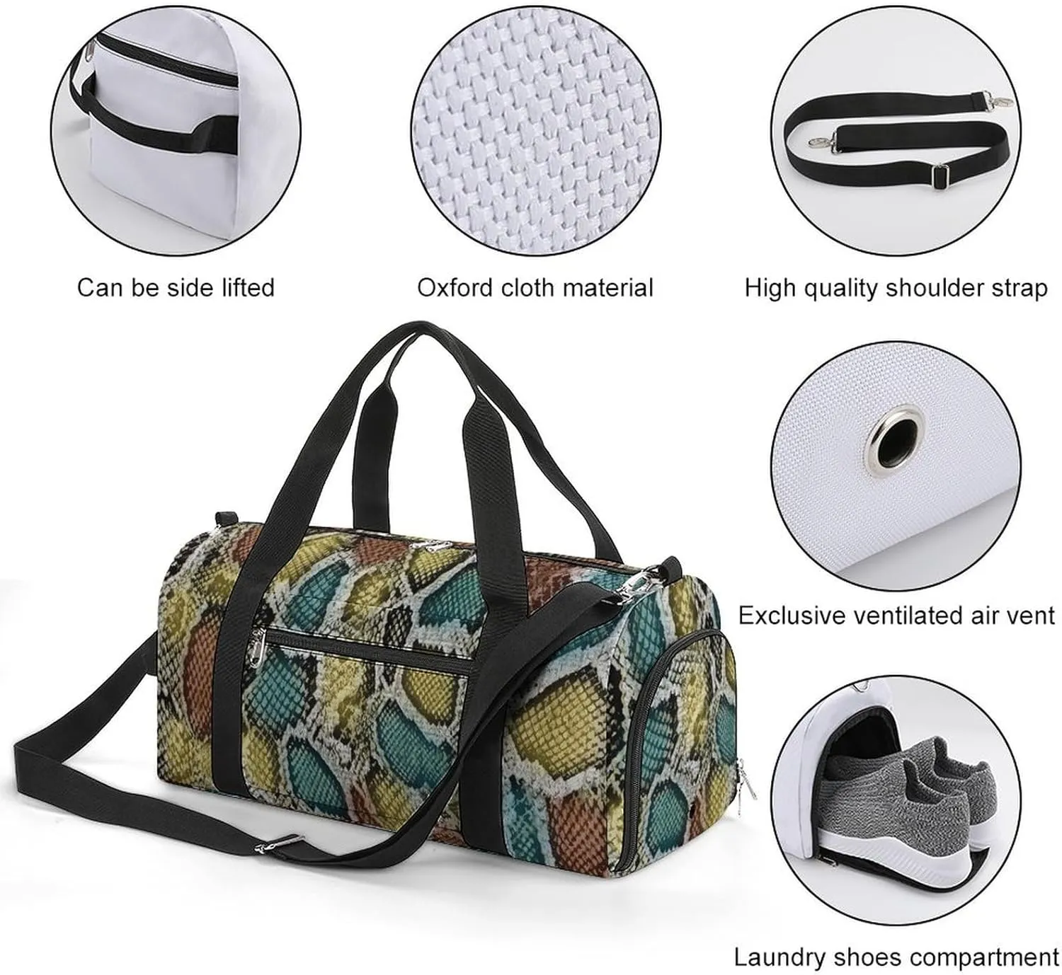 Snake Skin Texture Fitness Large Gym Bag for Unisex with Shoe Compartment & Wet Pocket