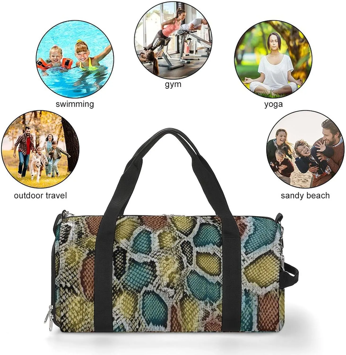 Snake Skin Texture Fitness Large Gym Bag for Unisex with Shoe Compartment & Wet Pocket
