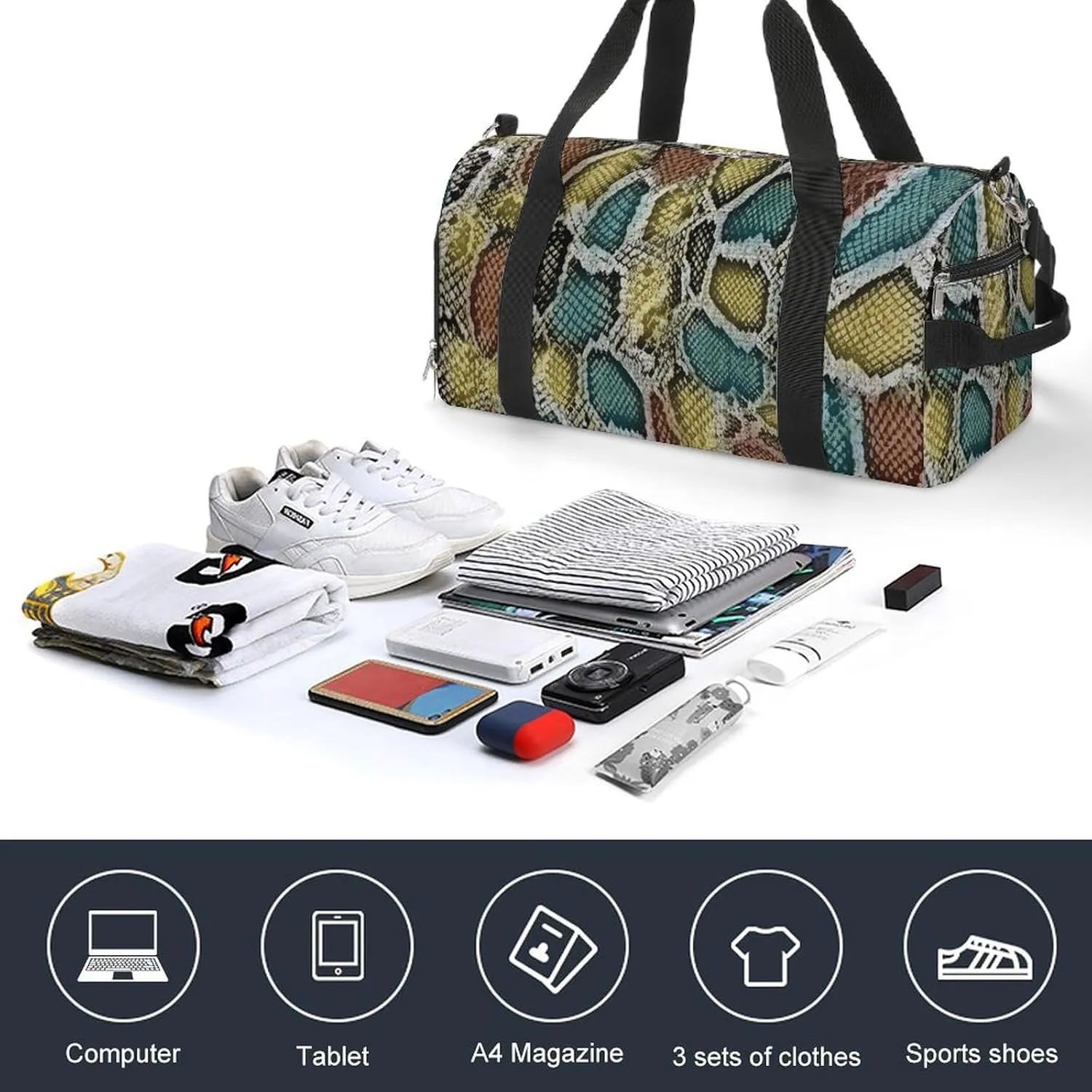 Snake Skin Texture Fitness Large Gym Bag for Unisex with Shoe Compartment & Wet Pocket