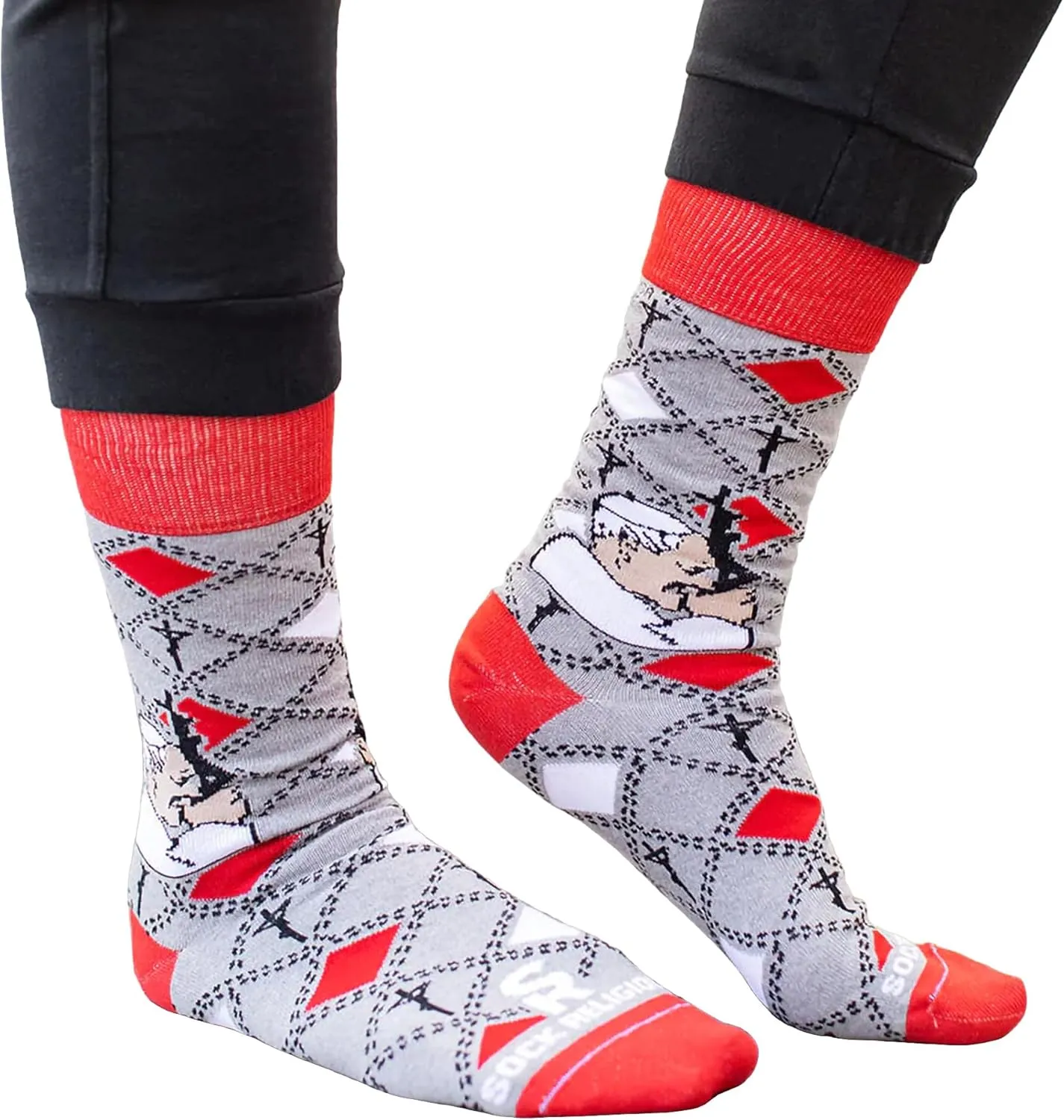 Sock Religious St. John Paul II Grey with Red Trim Men's and Women's One Size Fits Most Polyester Blend Catholic Inspirational Fun Crew Socks, Adult