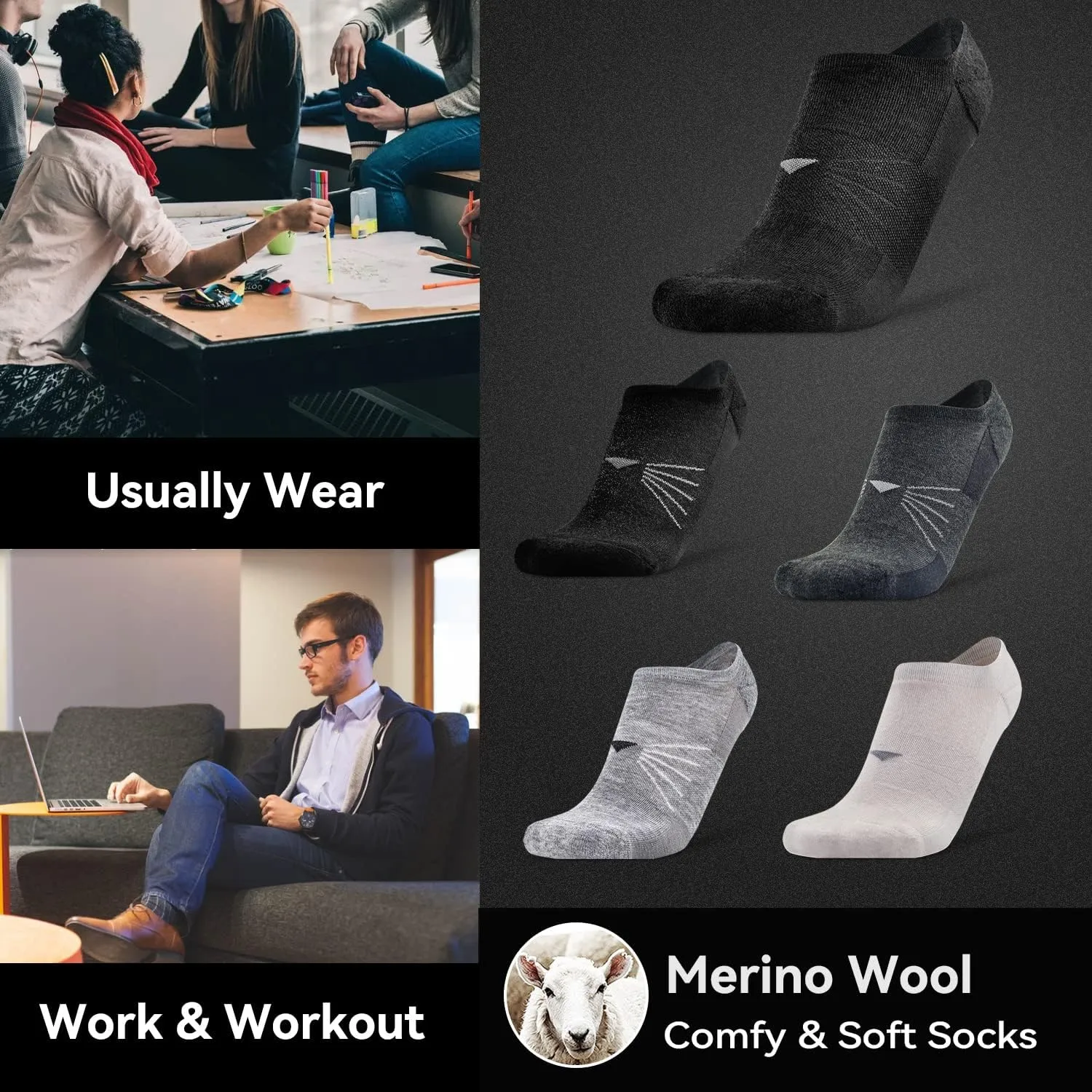 Socks Daze 3/6 Pack Womens No Show Athletic Merino Wool Running Socks Mens Low Cut Casual Invisible Thin Soft Sport Wool Sock
